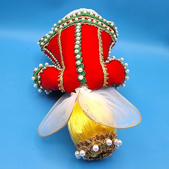 Vintage 1960s Angel Tree Topper Red Felt Dress Gold Trim Pearls Yellow Hair 9" - Picture 9 of 11